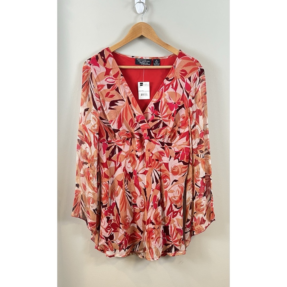 Y2K New York City Design Co 100% Silk Tunic/Dress Lg Babydoll Bell Sleeve Floral
